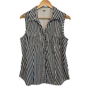 Women's Large Navy Striped Nautical Boat Travel Work Casual Sleeveless Blouse